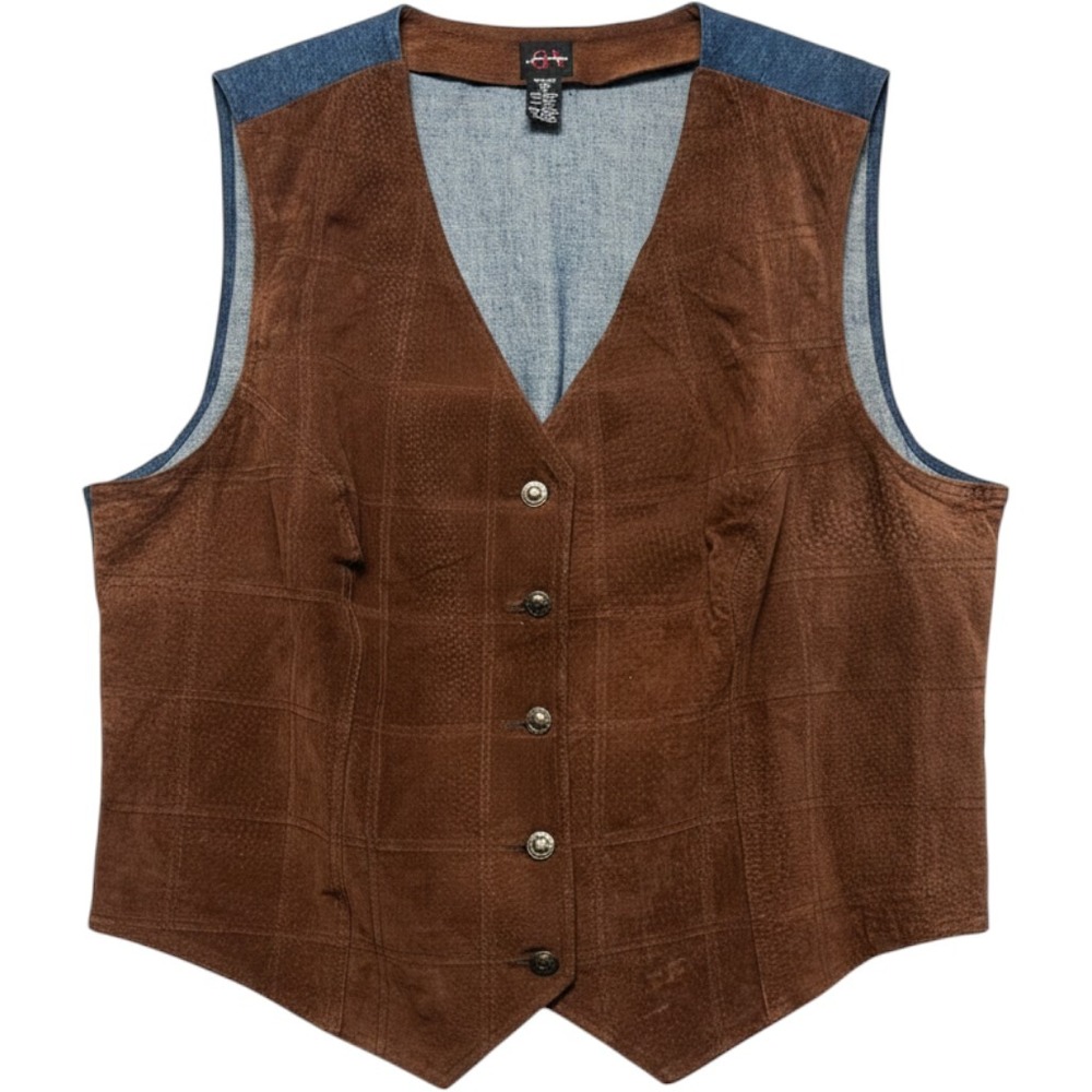 Gloria Vanderbilt Brown Suede Leather Denim Back Vest Women 1X Plaid Lined Boho
